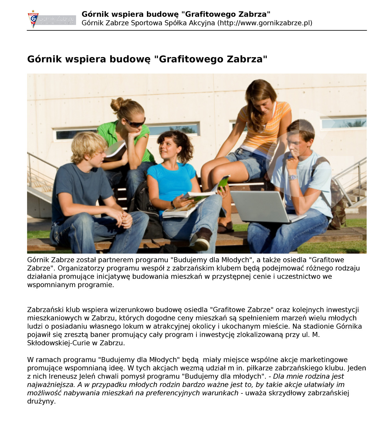 Górnik wspiera budowę "Grafitowego Zabrza"